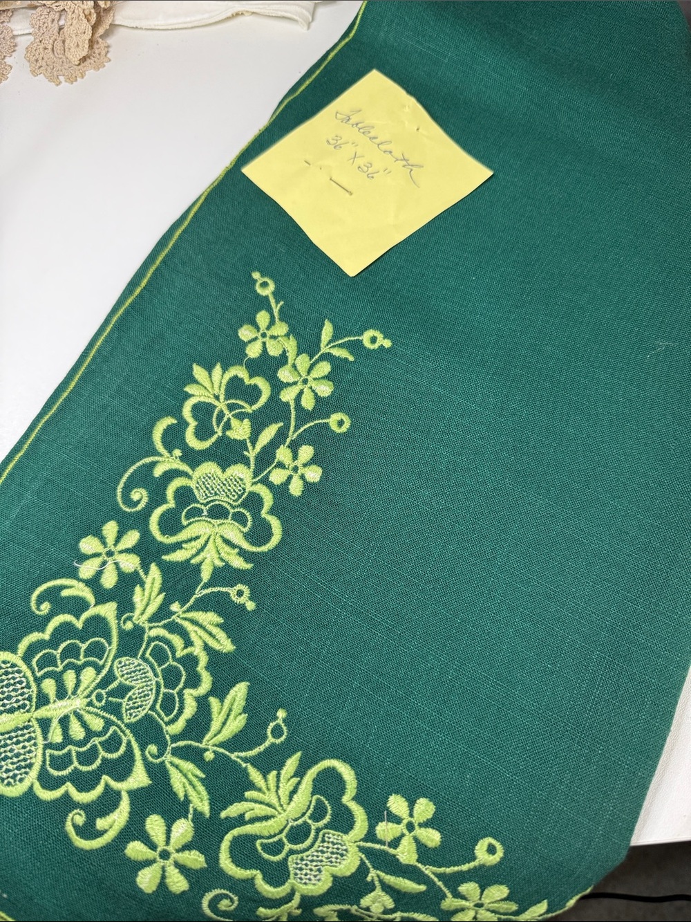 Embroidered Green Linen Runner with Lime Floral Motif